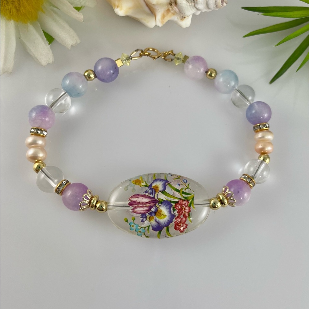 Japanese Tensha Flower Bead & Lavender Jade Quartz Pearls Gold Filled Bracelet